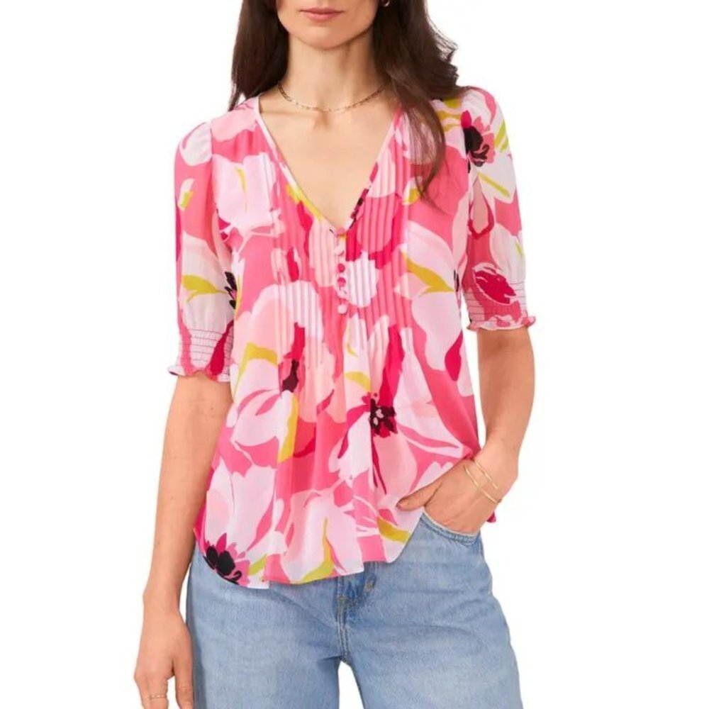 1. State Pink Multi-Color Floral V-Neck Pleated Blouse